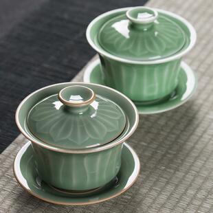 复古泡茶功夫茶具陶瓷单个茶碗 龙泉青瓷三才盖碗茶杯大号家用中式
