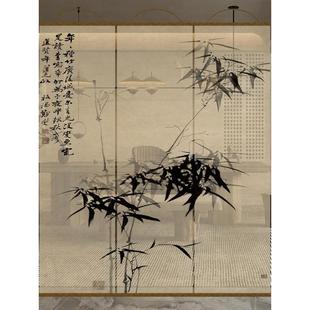 水墨竹画双面透景屏风纱卷帘隔断帘挂帘窗帘玄关透光纱帘 新中式