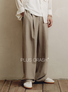 PLUS CRASH100%绵羊毛老钱风褶皱中腰长裤西裤夏高智老钱风男装
