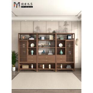 新中式黑胡桃博古架实木书柜组合茶室展示柜储物架宋式美学家具