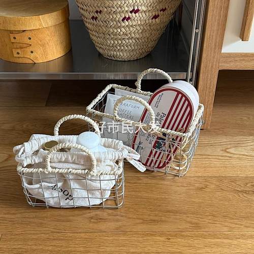 好市民大法混合风格铁稻草手工家庭厨房桌面杂物收纳篮韩国风格