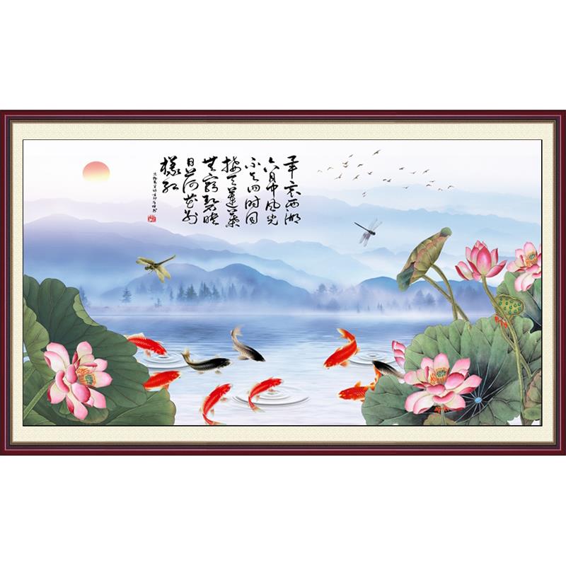 竹画九鱼画荷花壁画装饰画客厅沙发电视背景墙画山水山水年画
