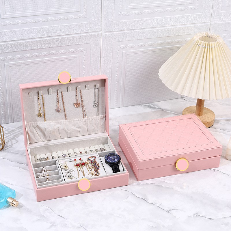 高级绒布首饰盒绿色复古三层大容量防氧化饰品盒带锁梳妆台收纳盒