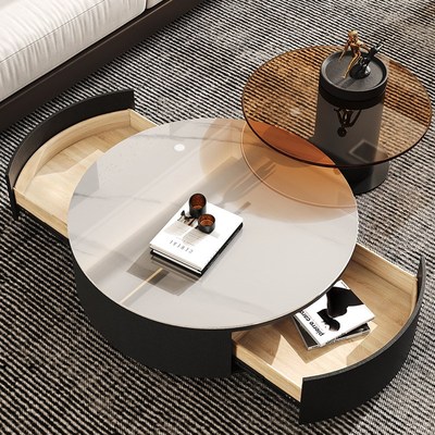 岩板茶几圆形大小组合带抽屉创意设计师客厅家用简约小户型茶几