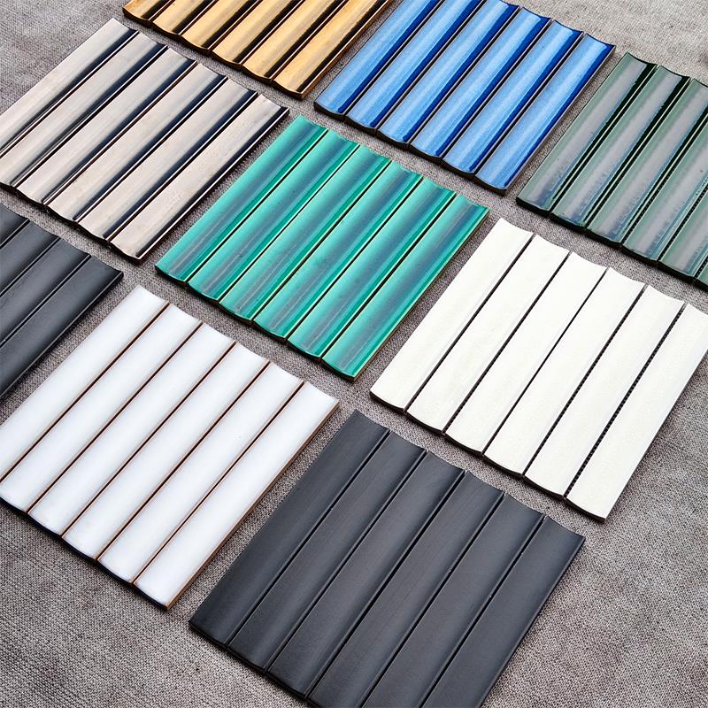 雅乐居长条凹面马赛克窑变蓝白金属釉饭店墙面立体45X300背景墙砖