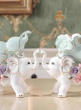轻奢陶瓷大象摆饰一对欧式客厅电视柜酒柜玄关家居装饰陶瓷工艺品