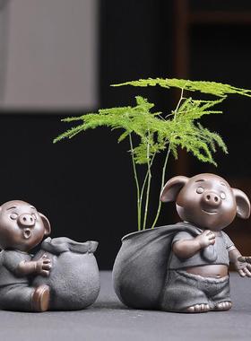 新中式创意可爱小猪迷你茶宠摆件精品花器水培花瓶可养茶艺茶玩