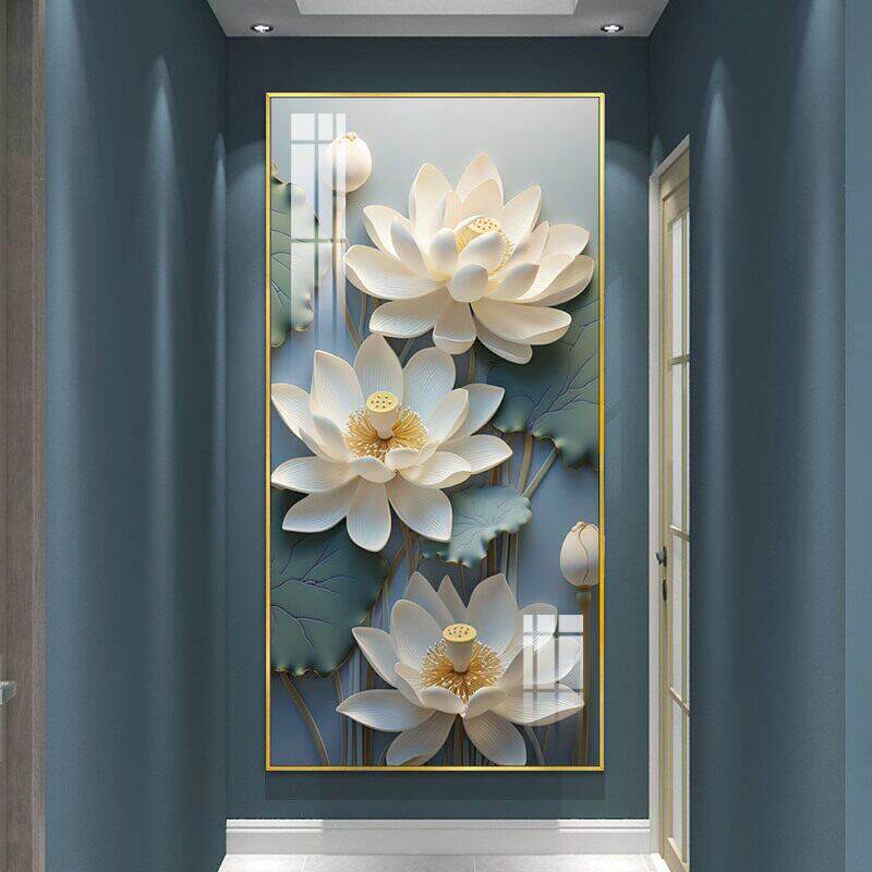 国潮风小清新荷花装饰画玄关背景墙创意挂画轻奢高级感楼梯间壁画