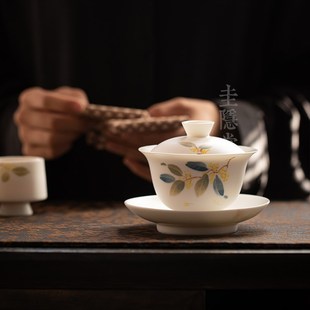 圭隐堂羊脂玉白瓷三才盖碗手绘桂花釉下彩家用女士泡茶碗手抓碗