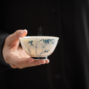 圭隐堂手绘竹子玉瓷茶杯家用复古主人杯个人单杯品茗杯喝茶功夫杯