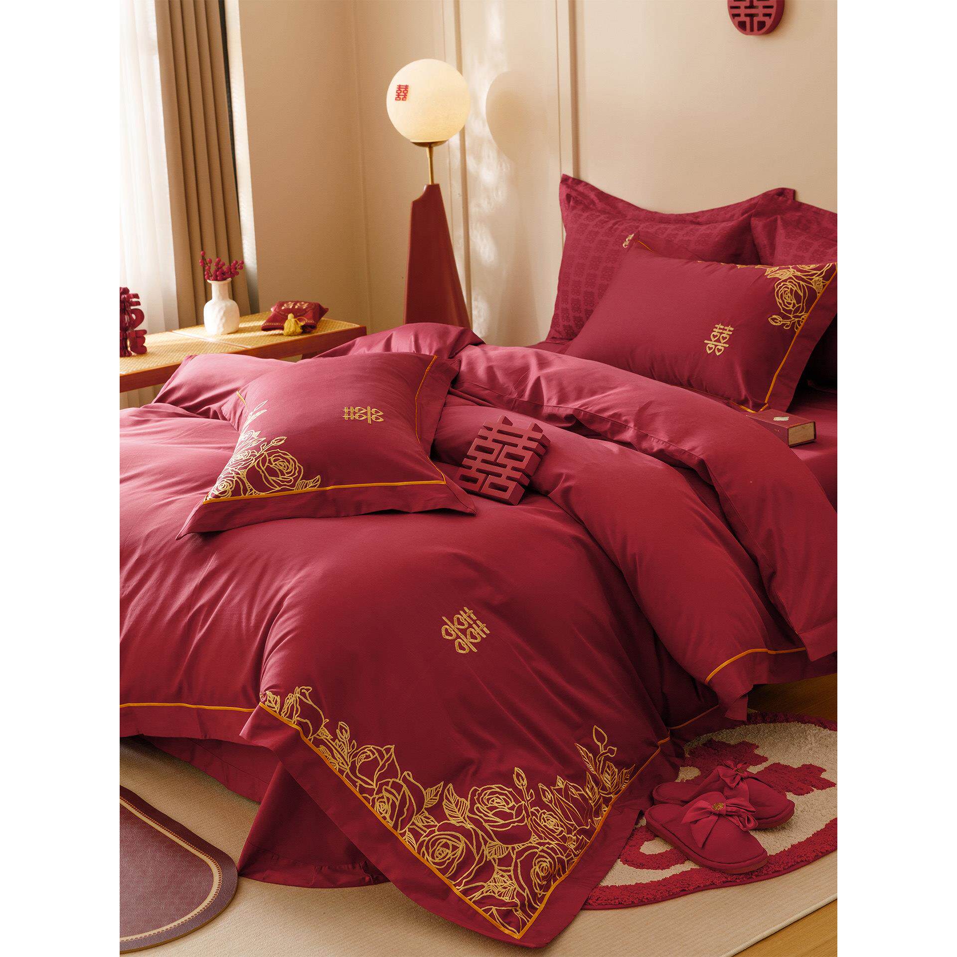 简约新中式全棉婚庆四件套长绒棉喜字刺绣红色结婚被套床单床笠