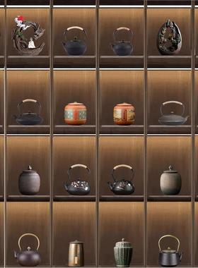 茶室软装博古架茶柜装饰茶壶茶罐高级感中式禅意复古怀旧茶具摆件