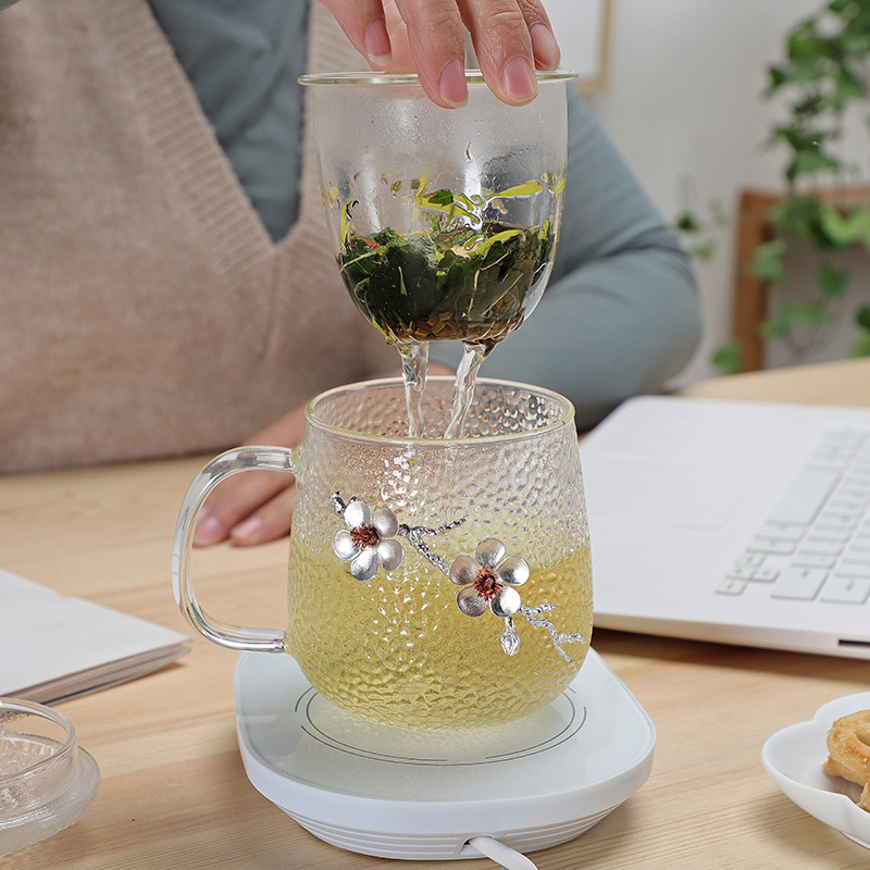 锤纹玻璃杯子带盖带把办公室女士用水杯茶水分离泡茶杯生肖玻璃杯