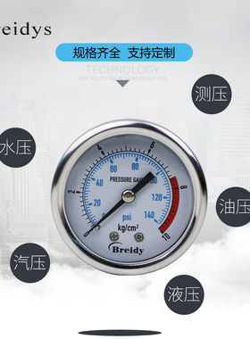 YN50Z压力表轴向耐震不锈钢压力表0-1.6mpa水压气压洗车机表25mpa
