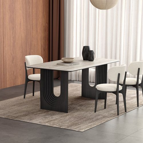 全托洞石岩板餐桌长方形现代简约设计师复古风黑色实木餐桌小户型