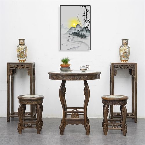 仿古黑枝木圆桌餐桌茶桌中式圆形老式家具桌椅组合复古古典桌子