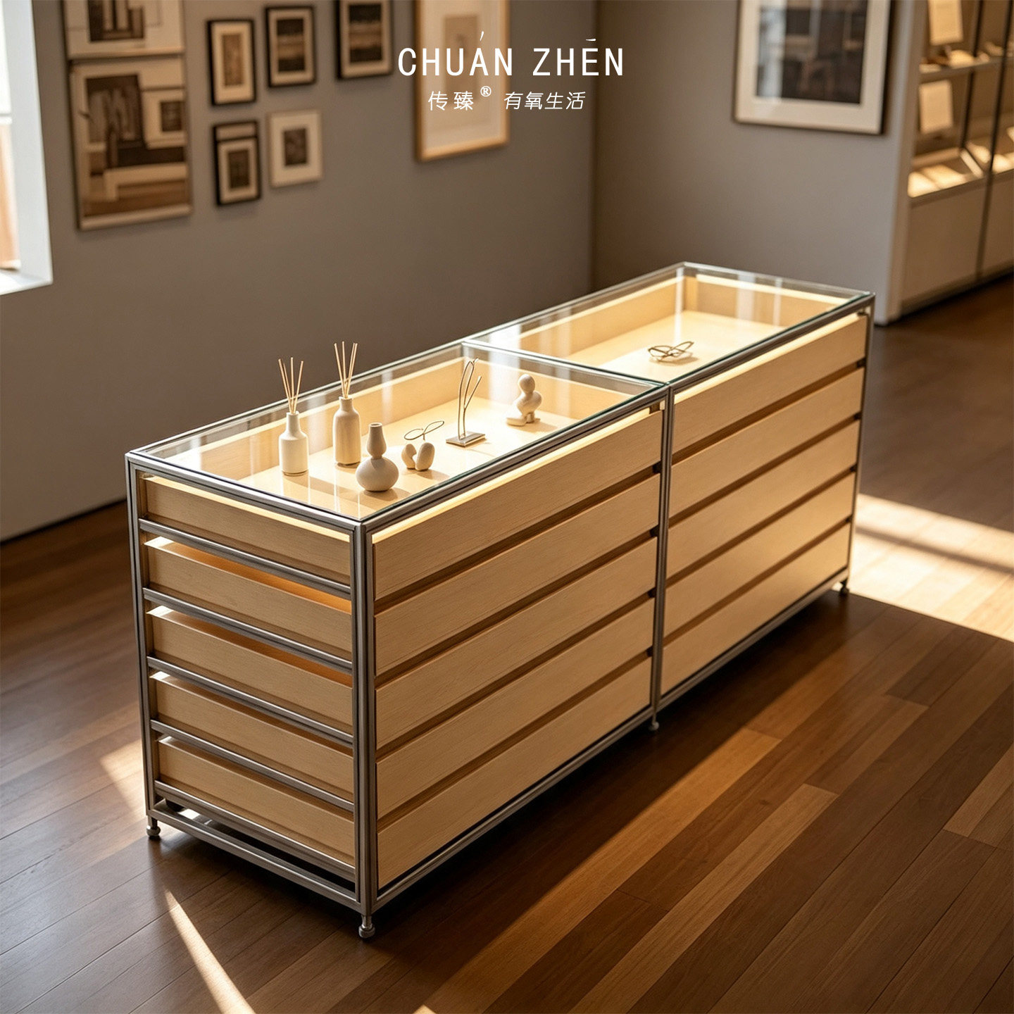 门店艺术藏品瓷器摆件展示柜铝型材桦木海洋板玻璃中岛台可定制