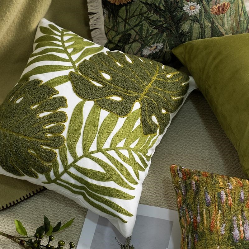森系绿色植e物抱枕轻奢高级感刺绣复古沙发客厅北欧中古风靠垫枕