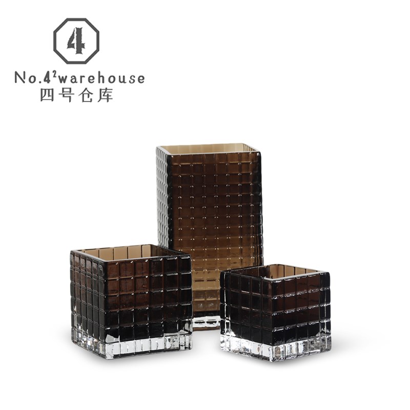 简约现代方形格子棕色茶色玻璃花瓶洽谈桌茶几P客餐厅软装饰品摆