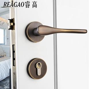 睿高纯铜门锁静音室内家用卧室通用型房木门分体锁具全铜北欧金色
