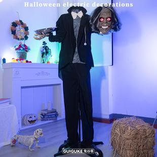 万圣节端盘子的剃头管家站鬼电动感应发光声鬼屋密室恐怖装饰摆件