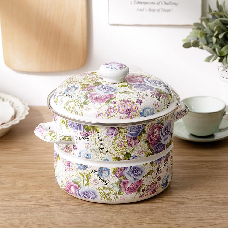 【有瑕】加厚24/26CM珐瑯搪瓷蒸锅平底汤锅电磁炉通用炖锅带蒸片