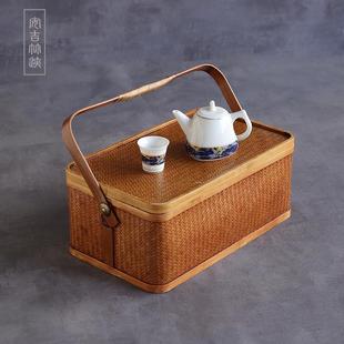 茶具收纳筐 茶箱 茶桌整理盒防尘便携旅行手提竹编包大漆日式 复古
