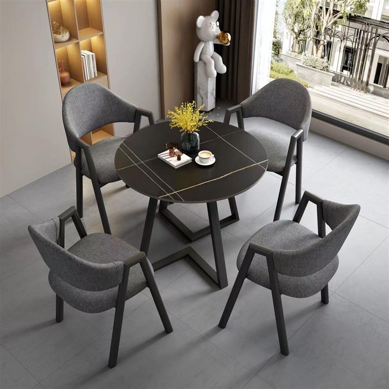 意式轻奢岩板会客洽谈接待桌椅组合咖啡奶茶店售楼处简约小圆桌子