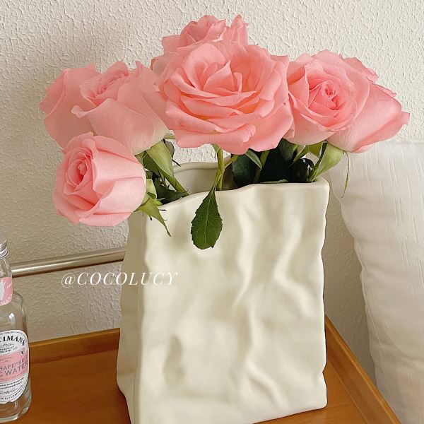 奶油风陶瓷褶皱纸袋花摆件客厅插花餐桌干花小众感装饰品