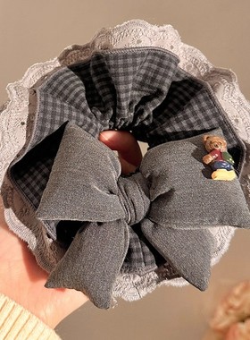 韩系灰色蕾丝格纹蝴蝶结四层大肠发圈女扎头发绳皮筋丸子头绳发饰