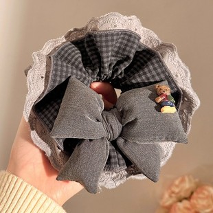 韩系灰色蕾丝格纹蝴蝶结四层大肠发圈女扎头发绳皮筋丸子头绳发饰