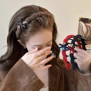 秋冬复古毛绒发箍女2025新款 高颅顶带齿发箍蝴蝶结头箍压发卡发饰