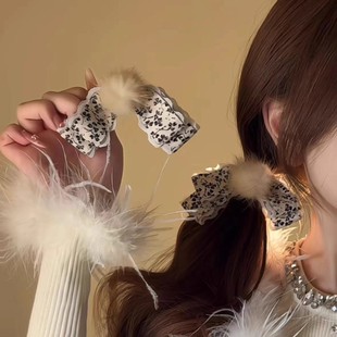 韩系碎花貂毛球蝴蝶结香蕉夹竖夹女扎马尾后脑勺夹子发卡头饰发饰