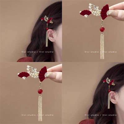 中国风植绒红扇子发夹新中式流苏