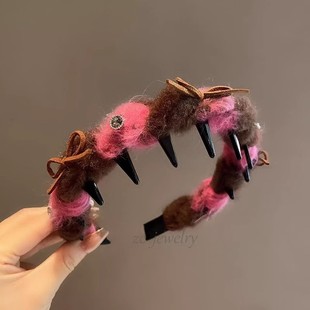 轻奢高颅顶百搭发卡 毛呢撞色闪钻蝴蝶结发箍女时尚 韩版 东大门新款