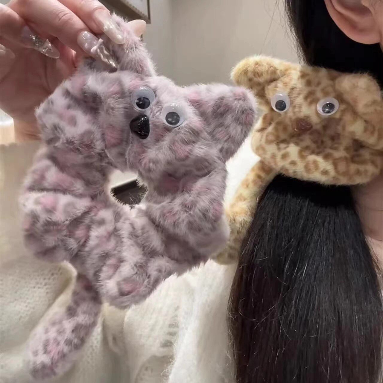 可爱卡通豹纹小猫毛绒猫咪发圈女少女心秋冬豹纹百搭头绳发饰新款