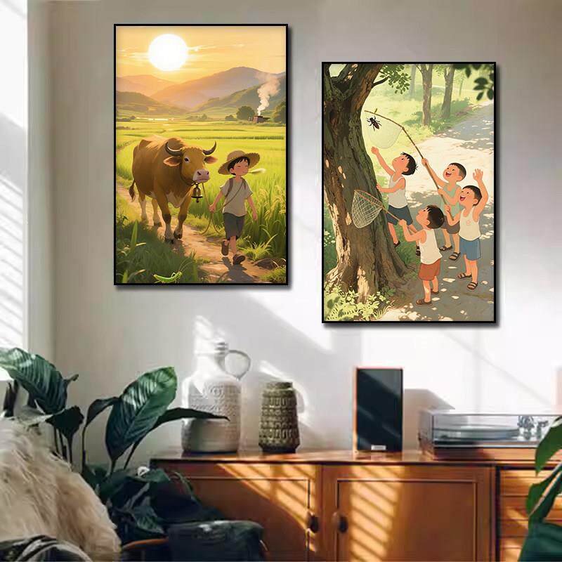 乡村童年回忆装饰画农村风景怀旧小时候生活挂画农家乐饭店壁画