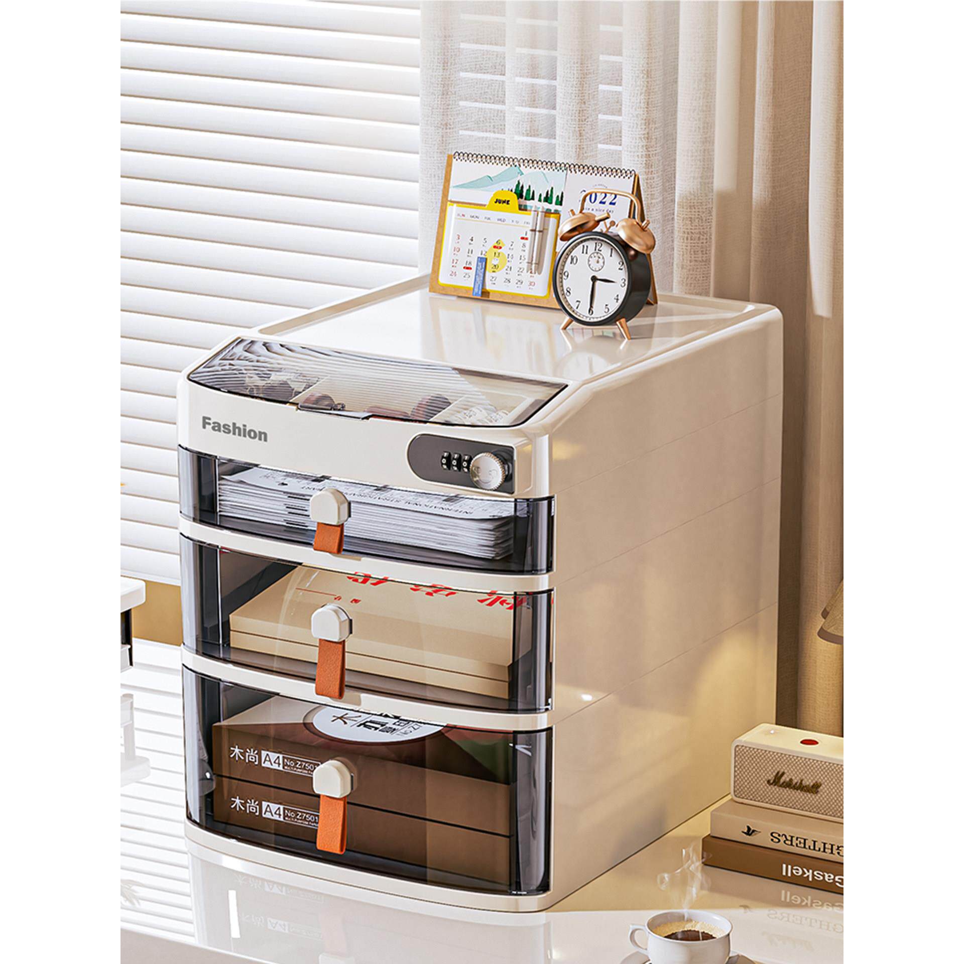 带锁收纳盒抽屉式桌面隐私文件证件手机储物盒办公宿舍密码收纳箱