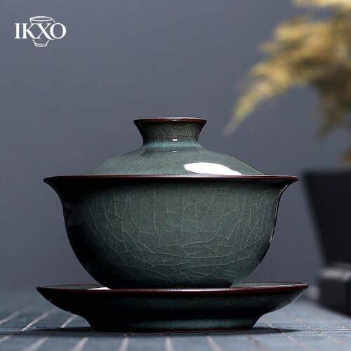 IKXO青瓷三才盖碗茶杯大号龙泉铁胎冰裂手工陶瓷泡茶功夫茶具单个