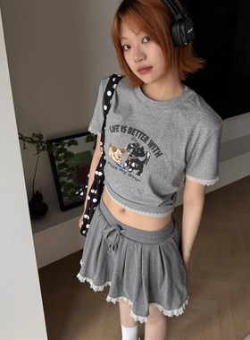 Y2NG蕾丝边百褶半身裙女夏灰色半裙松紧腰蕾丝拼接休闲裙高腰A字