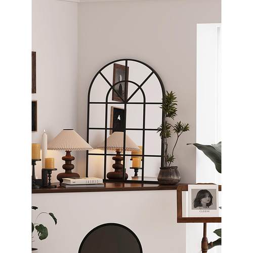 网红复古拱形格子镜壁炉窗户镜子墙面装饰镜家用法式艺术镜定制