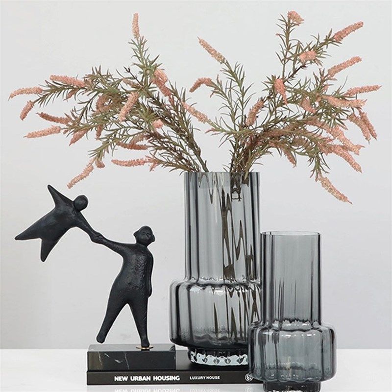 现代简约  烟灰色透明玻璃插花花器艾草叶仿真花客厅餐桌装饰摆件,特色手工艺,其他特色工艺品,淘宝优惠券,粉丝福利购,淘宝优惠卷