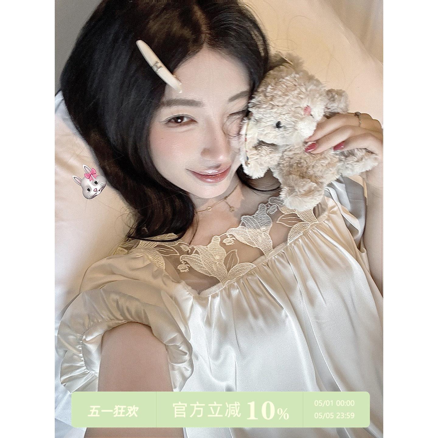 JoyceBra甜美泡泡袖冰丝睡衣女夏季薄款舒适长版带胸垫睡裙家居服