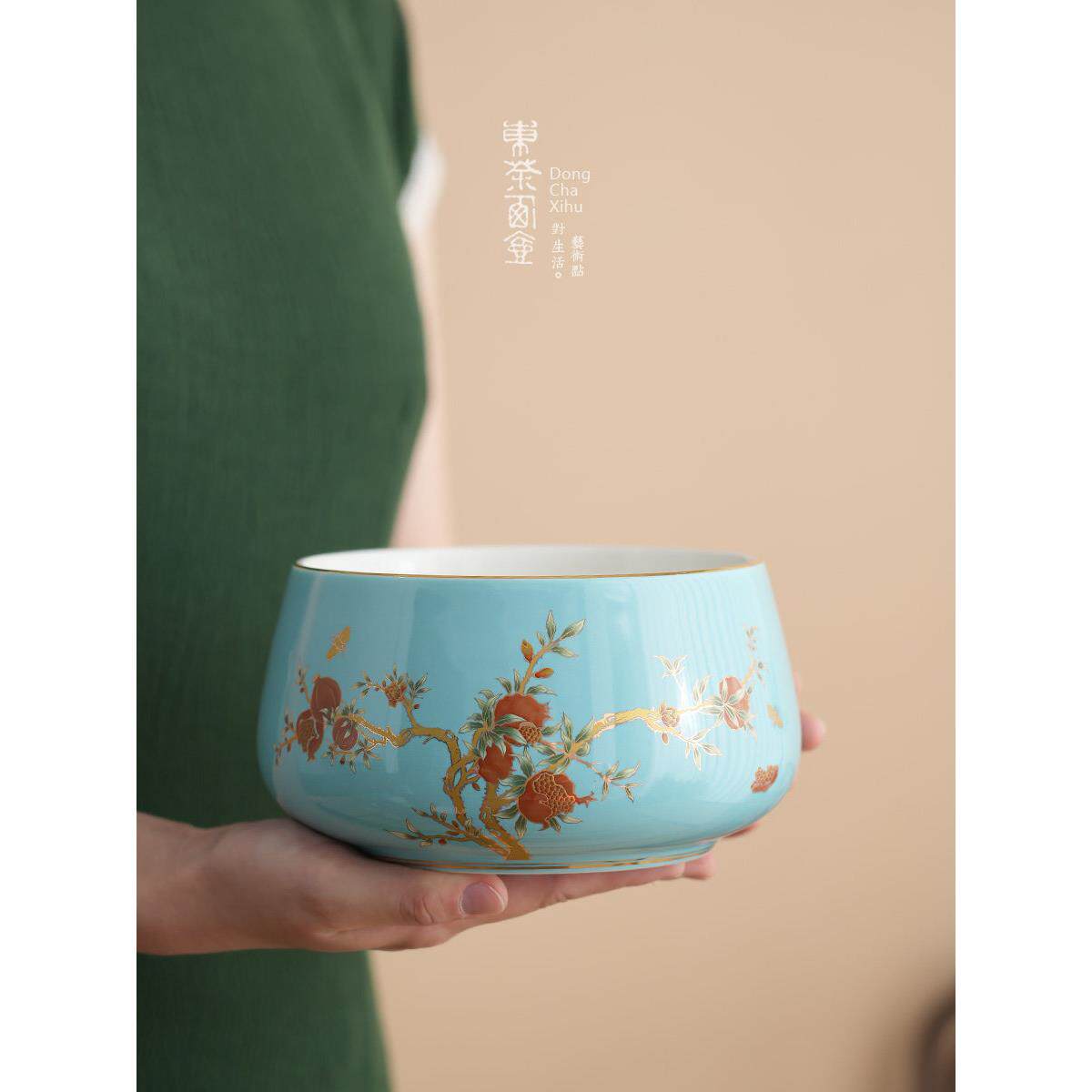 西湖蓝釉茶壶陶瓷洗茶缸大水碗茶碗茶杯储存内置水烟灰缸茶渣桶洗