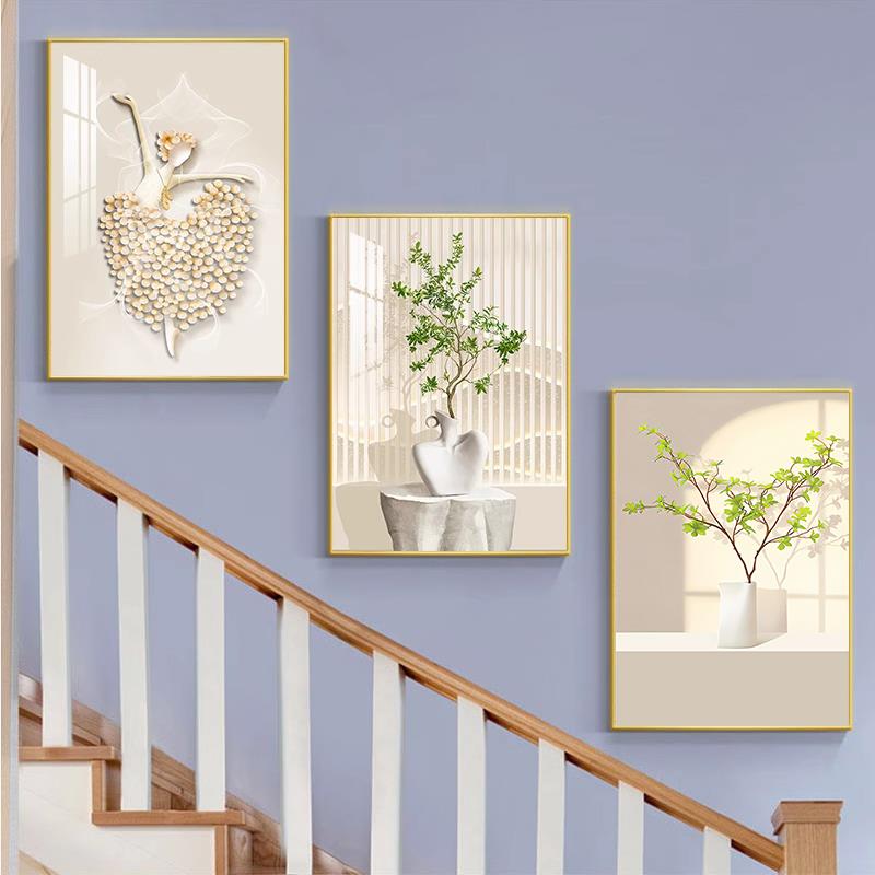 走廊过道装饰画楼梯绿色植物墙壁挂画现代简约沙发背景三联画高端图片