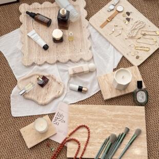 日式侘寂风天然白黄洞石香薰托盘首饰珠宝托盘大理石托盘