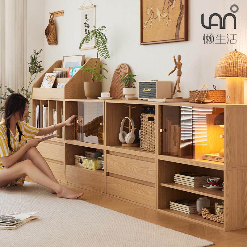 懒生活日式矮书柜带玻璃门落地自由组合格子柜储物柜模块化展示柜