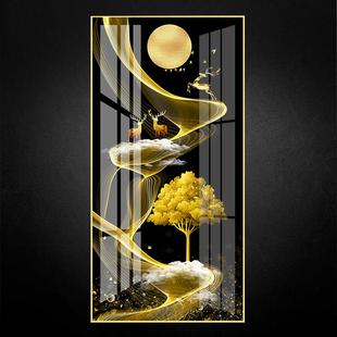 轻奢入户玄关麋鹿镶钻晶瓷画竖版装饰画走廊过道壁画简约现代挂画