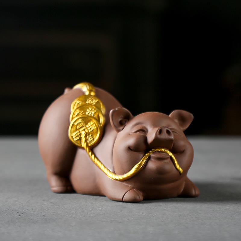 创意紫砂招财茶宠摆件精品可爱动物小猪家居装饰品茶室茶玩小摆设