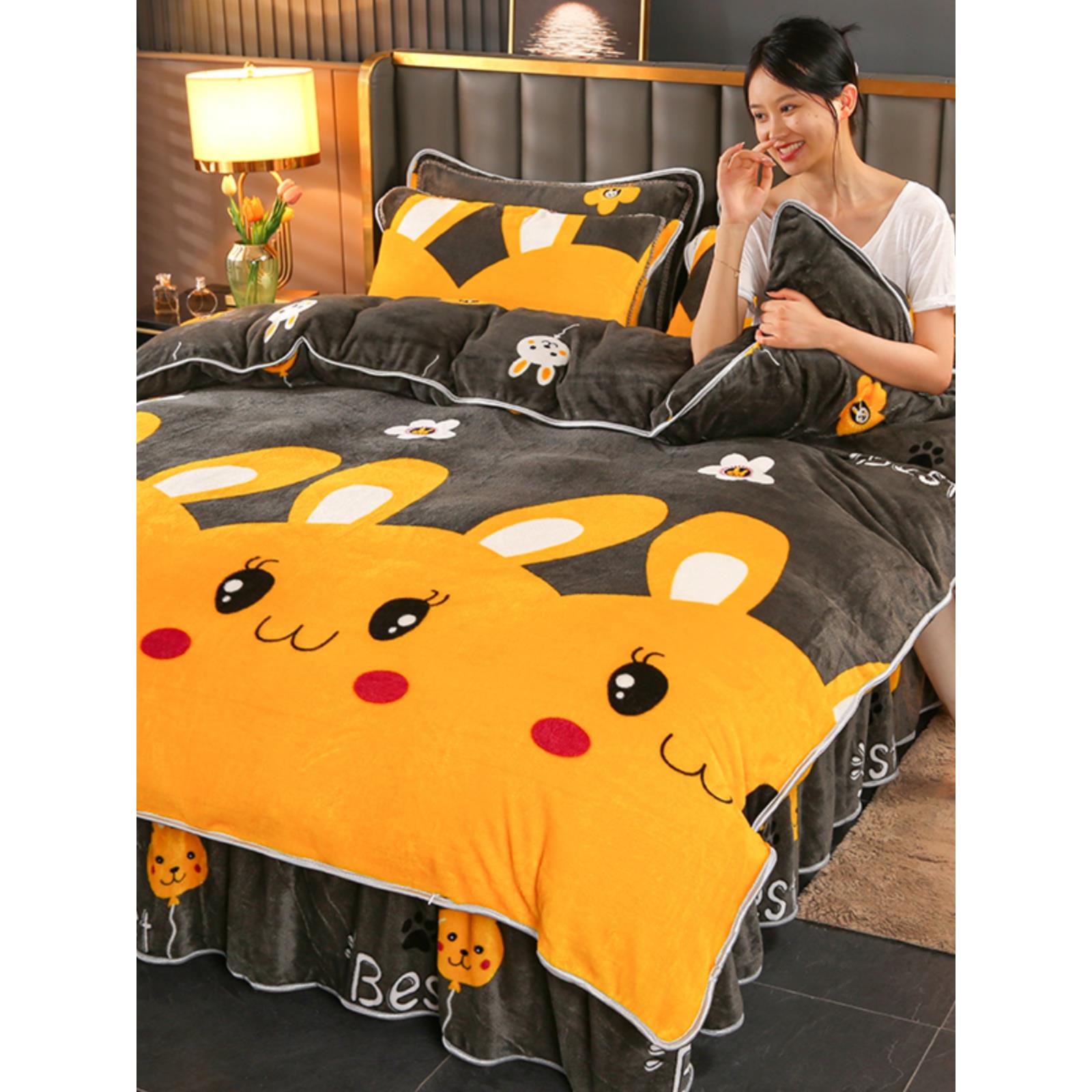 冬季加厚暖牛奶天鹅绒床床单四件套金貂皮天鹅绒被套双面法兰绒绒